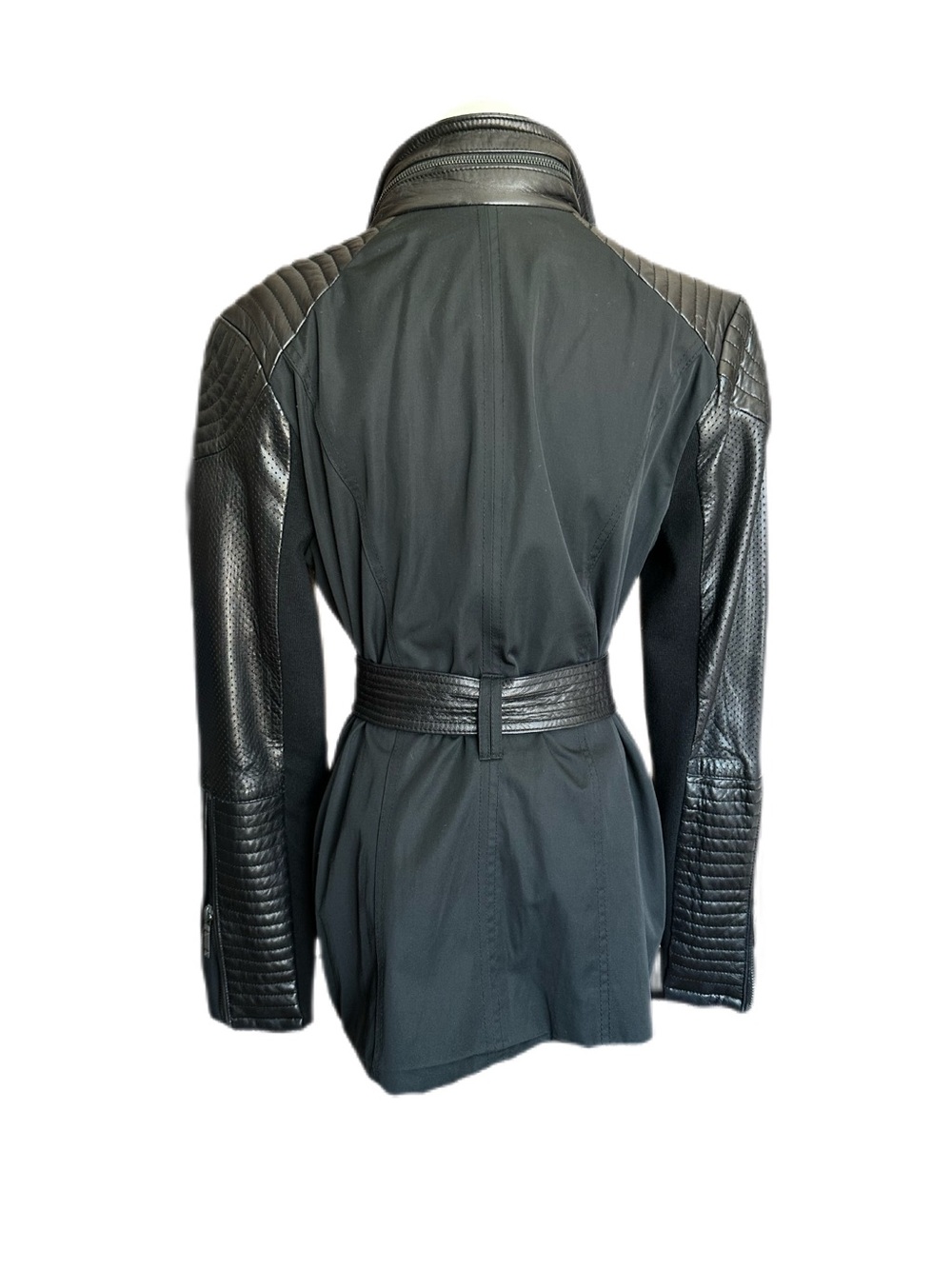 BCBGMAXAZRIA Black Genuine Leather Mixed Media Moto Jacket Belted Size M - Picture 5 of 11